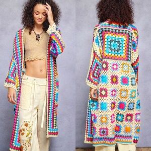 POL Multicolor Granny Square Crochet Duster Cardigan | Boho Festival